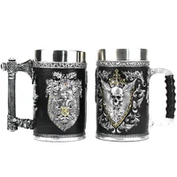 Winged Sword And Shield Skull Crest Beer mug Double Headed Eagle Crest Axe Handle Tankard Stainless Steel Tumbler Beer Cup
