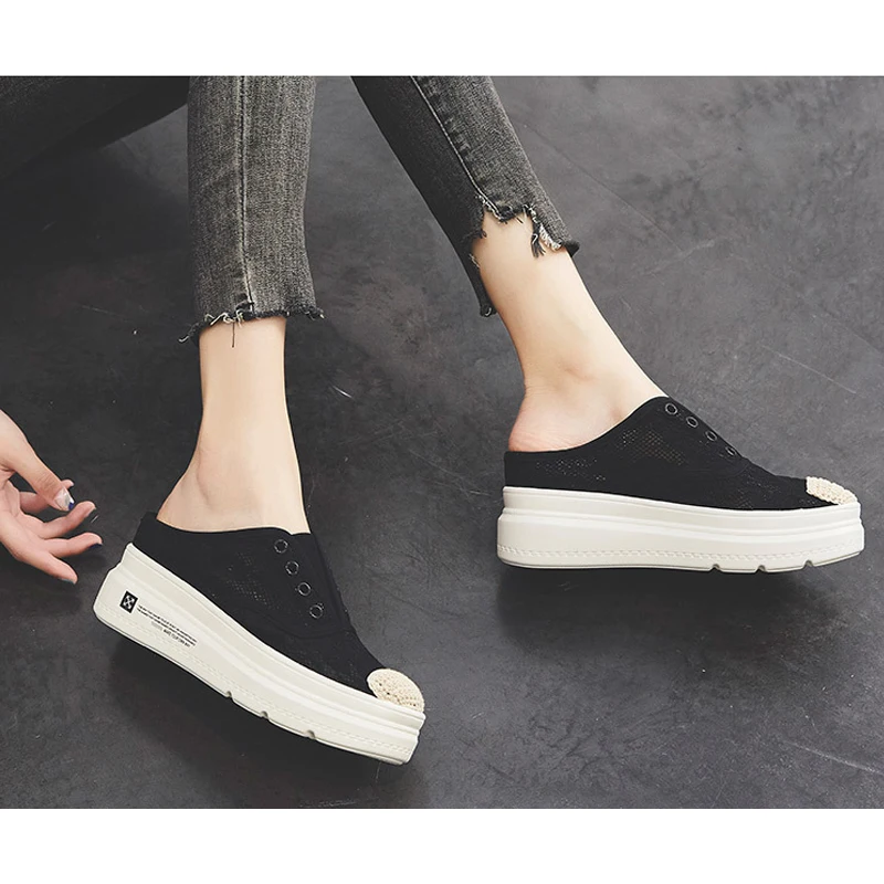 

Women Baotou Half Slippers Outer Wear 2021 Summer New Thick-Soled Platform Sandals Lace Heightening 7CM Ladies Shoes Muller