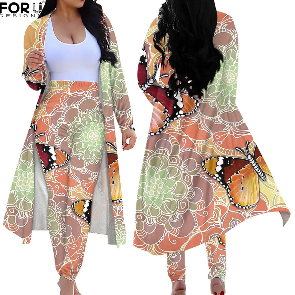 

FORUDESIGNS Bohemian Butterfly Pattern Women Coat Two Pieces Suit Outfit Vintage Fashion High Waist Leggings Woman Long Pant