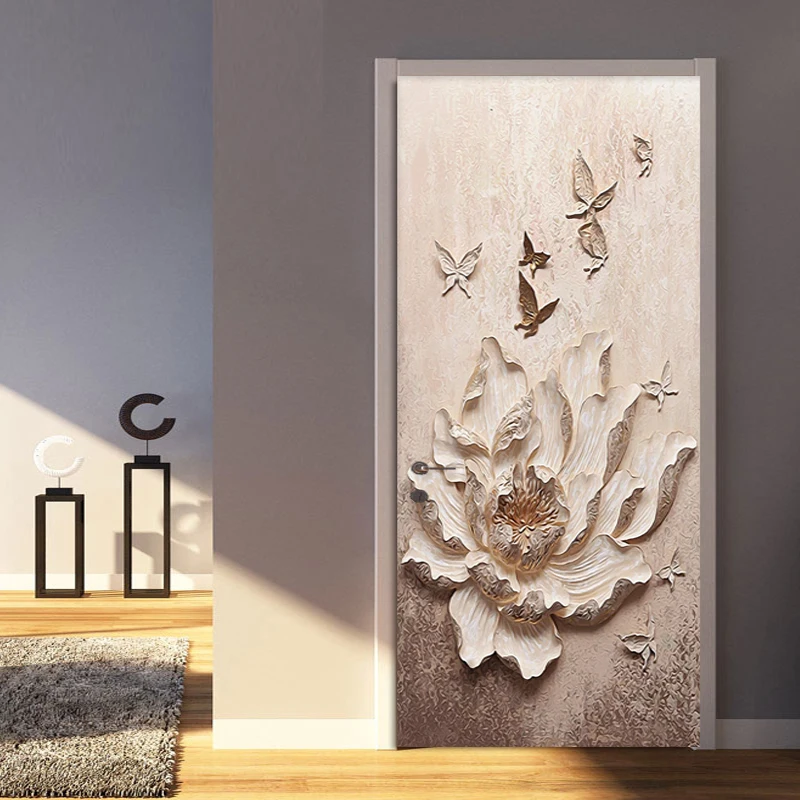 

Door Sticker Modern 3D Stereo Relief Flower Wallpaper Living Room Bedroom PVC Self-Adhesive Waterproof Door Poster Wall Stickers