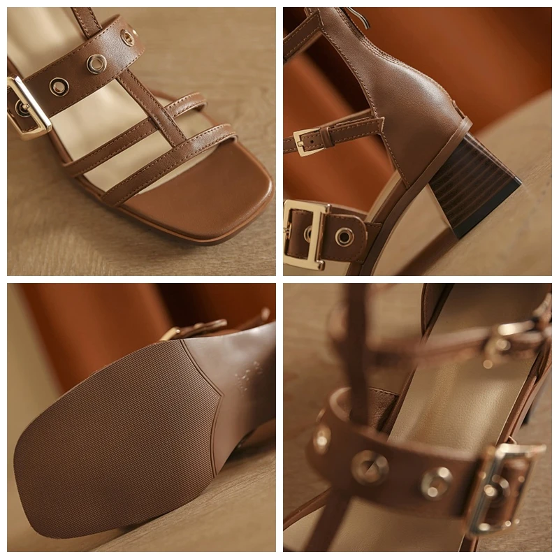 

ORCHA LISA Women Roman Summer Shoes Real Leather Buckle Sandals Ankle Strap Square Heel Zip Gladiator Fashion Classic Size 33-41