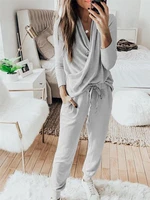 two piece set tracksuit women solid v neck long sleeve pullover top and pants home suit female leisure sportswear chandal mujer