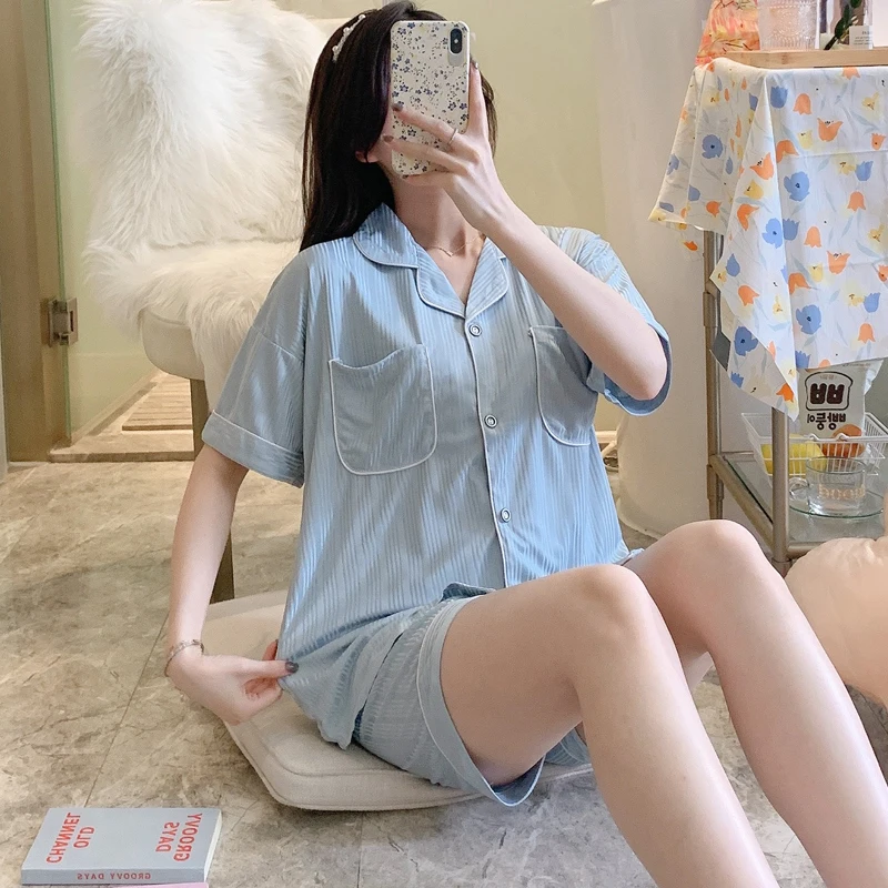 CAIYIER New Sleepwear Women Set Summer Short Sleeve Shorts Turn-down Collar Pajamas Simple Pure Color Girl Cotton Leisure Wear