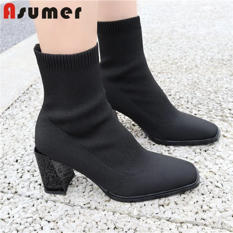 

Женские сапоги стрейч ASUMER, однотонные, на высоком каблуке, повседневные, праздничные, с квадратным носком, простые, 2021