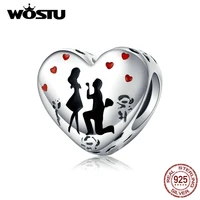 wostu real 925 sterling silver propose marriage heart beads charms fit original bracelet necklace wedding jewelry gift cqc1403