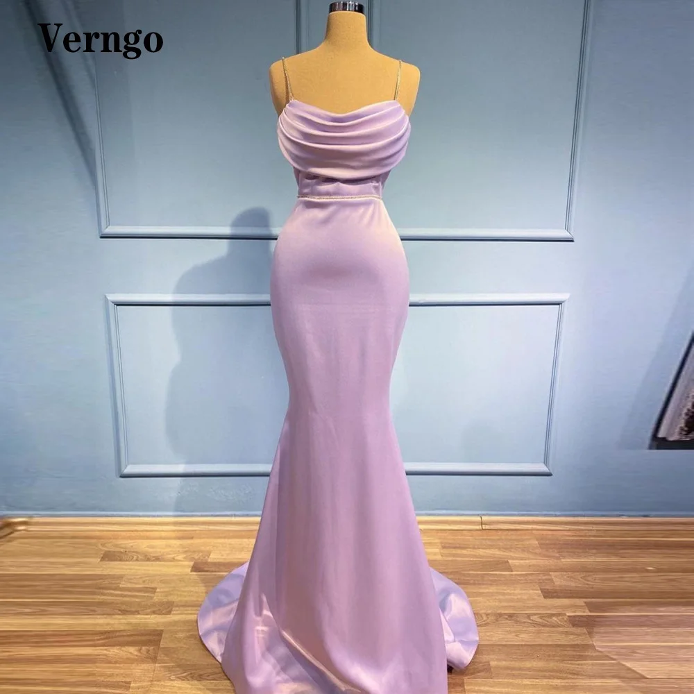 

Verngo Lavender Silk Satin Long Prom Dresses Spaghetti Straps Pleats Mermaid Evening Gowns Women Elegant Formal Party Dress