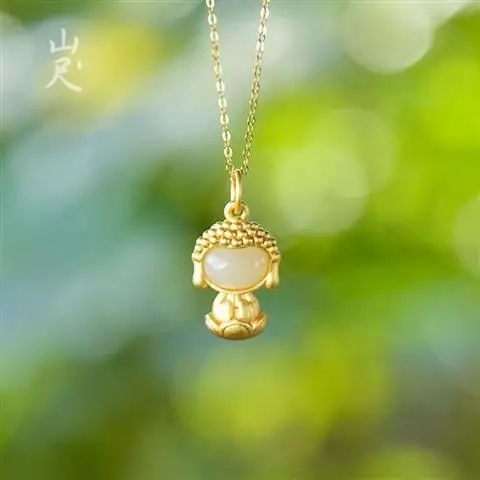 

Anning Qi Natural Hetian Jade White Jade Small Buddha Pendant Safe Necklace Retro Elegant Classic Gift for Mother