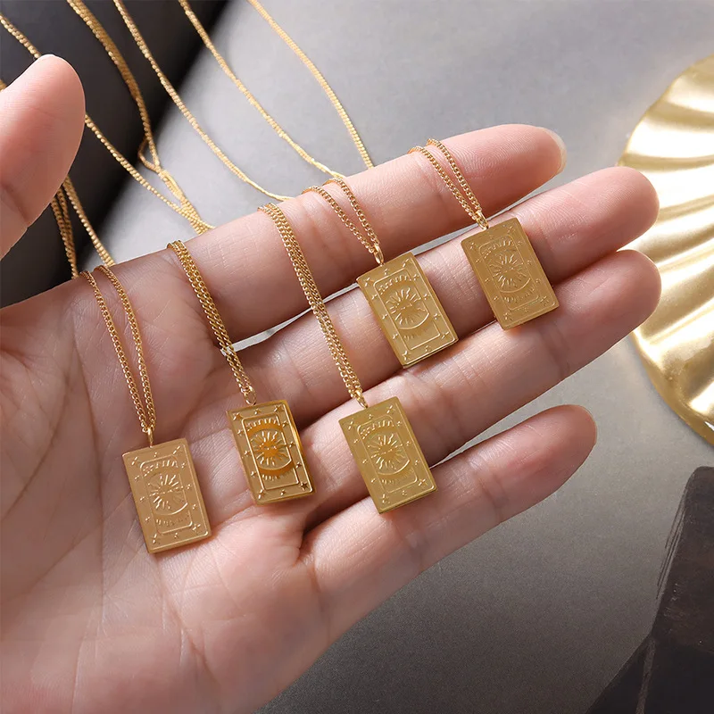 

ALLNEWME Punk Square Coin Irregular Sun Star Printed Pendant Necklace for Women Girls Gold Color Titanium Steel Necklace Jewelry