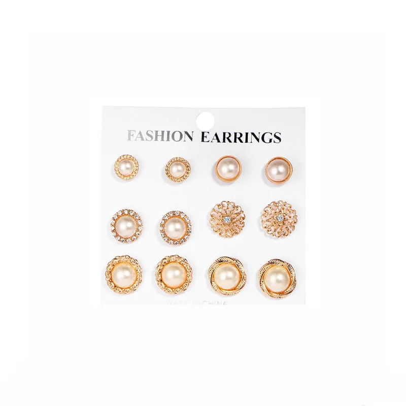 

12Pcs/Set Charm Pearl Earrings Gold Metal Ear Studs Mosaic Drill Hollow Out Earrings Jewelry