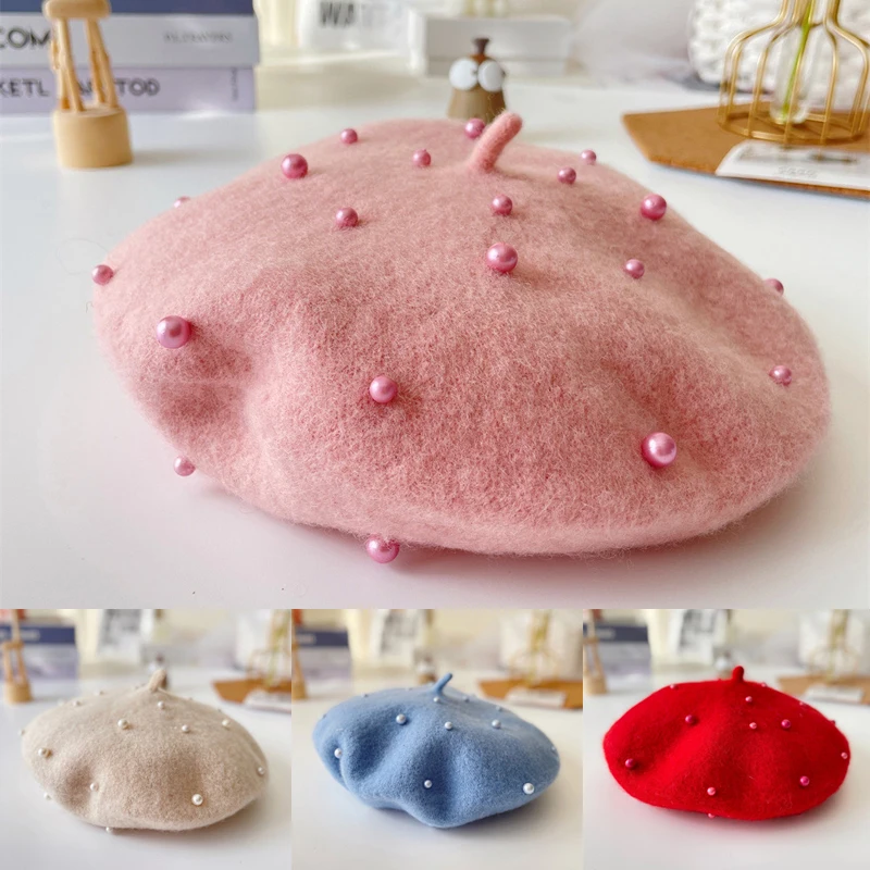 

New Wool Baby Girl Hat with Pearls Fashion Kids Hats Caps for Girls Beret Cap Children Accessories Bonnet Baby Beanie 2-6Y
