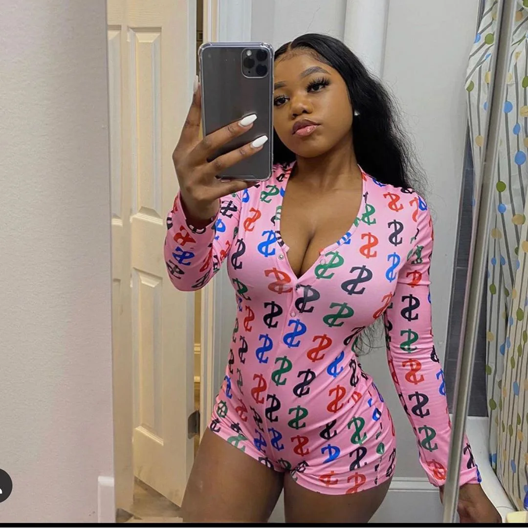 

Women Letter Print One-Piece Pants Tight Elastic Sexy Deep V-Neck Long Sleeve Sportswear Casual Female Plus Size Summer Jumpsuit