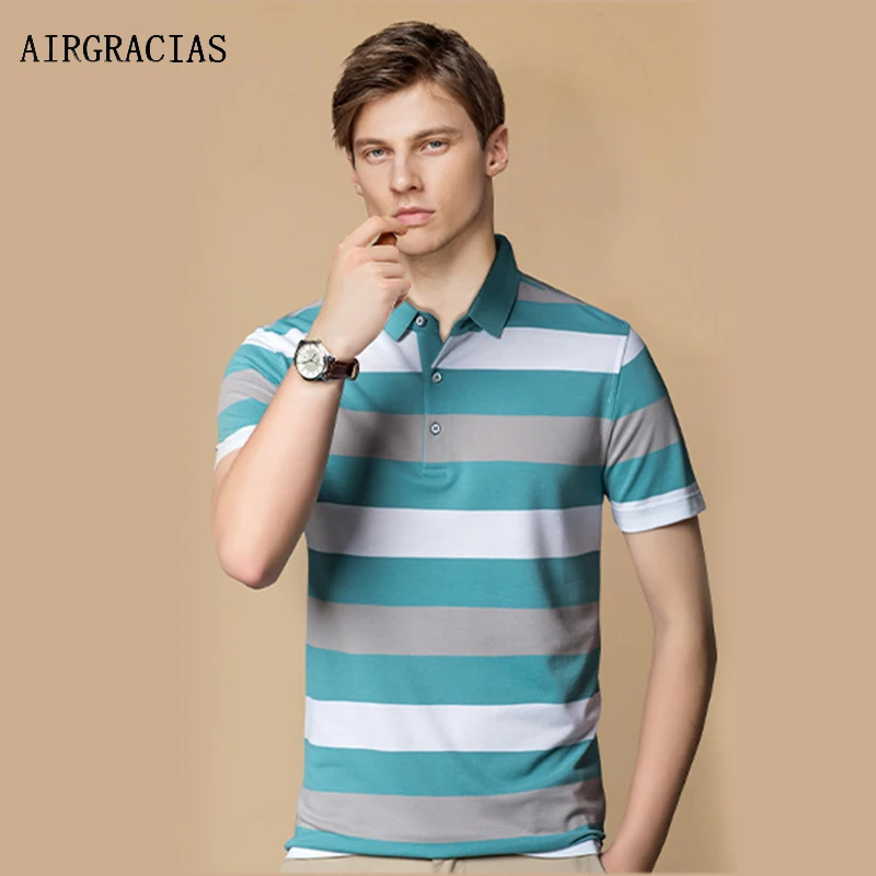 

AIRGRACIAS Men's POLO Shirt Summer New Business Casual Striped Loose Breathable Short-Sleeved 2021 Office Business Men's Shirt