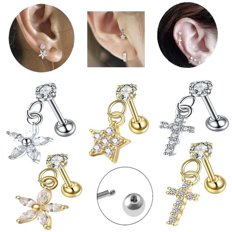 

Stainless Steel Earrings Hoop CZ Star Type Cross Gold Silver Color Helix Tragus Cartilage Dangle Earrings Body Piercing Jewelry