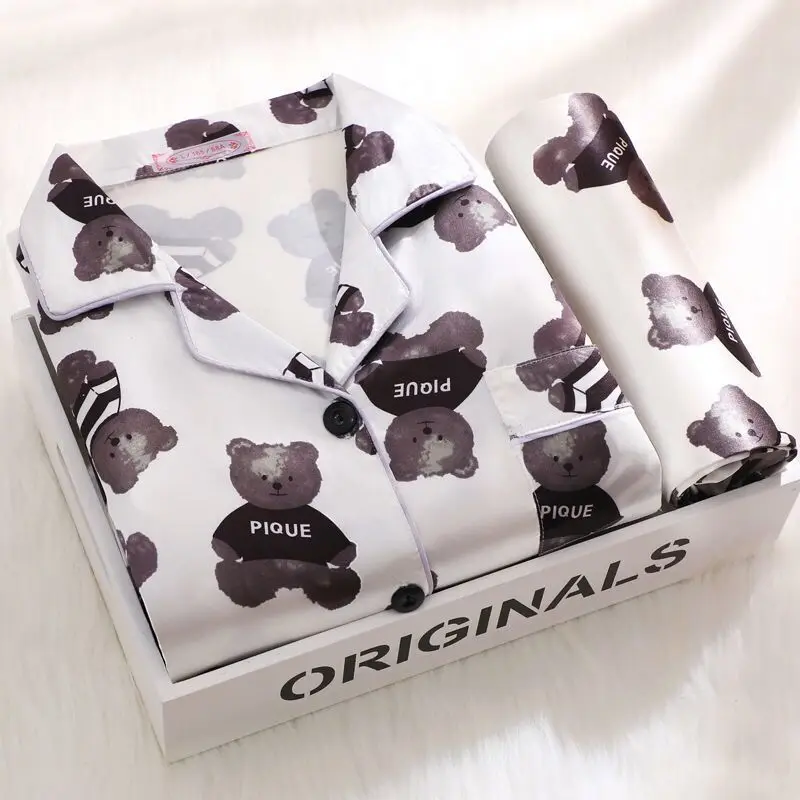 Ice Silk Pajamas Women Spring and Summer Long-sleeved Korean Cute Suit Sexy Plus Size Loose Home Service Women Pajama Set