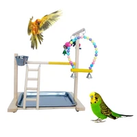 wooden bird perch stand parrot platform playground exercise gym playstand ladder toy with feeder cups stainless steel tray cage