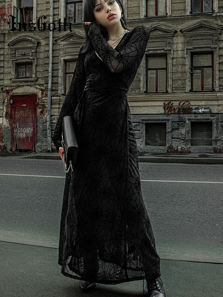 Сексуальное прозрачное Сетчатое платье InsGoth с V-образным вырезом длинные платья в
