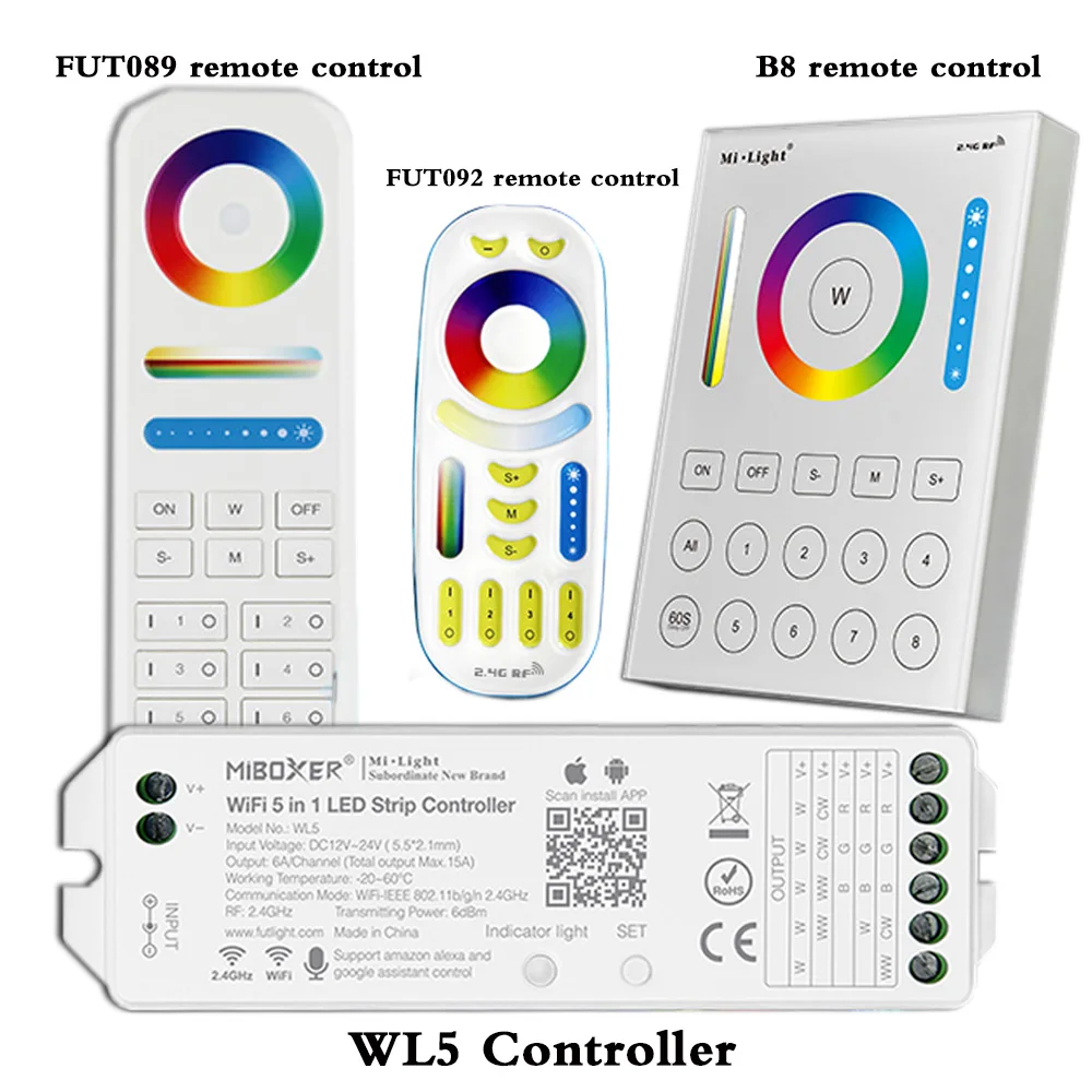 Controlador da Tira do Diodo Emissor de Luz para Rgbw Painel de Toque Fixado na Parede 5 em 1 Rgb + Cct Remoto de 2.4g Wifi Tira Conduzida Controle Hz: Fut092 8 Zona Fut089 b8 Wl5
