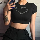 Y2k сердце вышивка коричневый кроп-топы для женщин, Ретро стиль, повседневное, из кусков, футболки Harajuku эстетику 90s футболки Mall гот топик женский