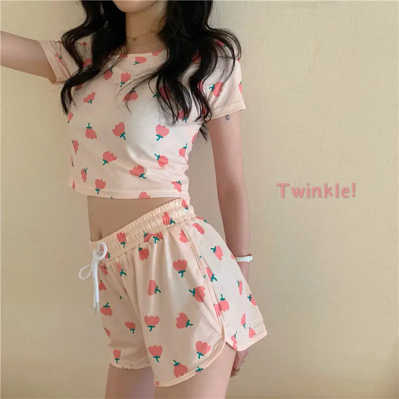 CAIYIER Women's Kawaii Sleepwear Suit Cute Sweet Print Sexy Super Short Leakage Umbilical Tops+Elastic Waist Short Pants Pajamas