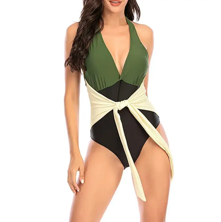 

Women's Color Blocking Swimsuit Sleeveless Deep V-neck Backless Lace-up Halter Swimwear