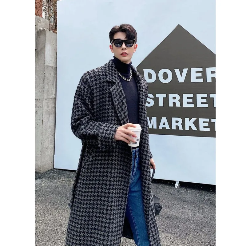 

Men's coat 2020 Autumn winter new fashion inlaid bright silk horse-shoe sleeve long woolen coat casual youth men's wear