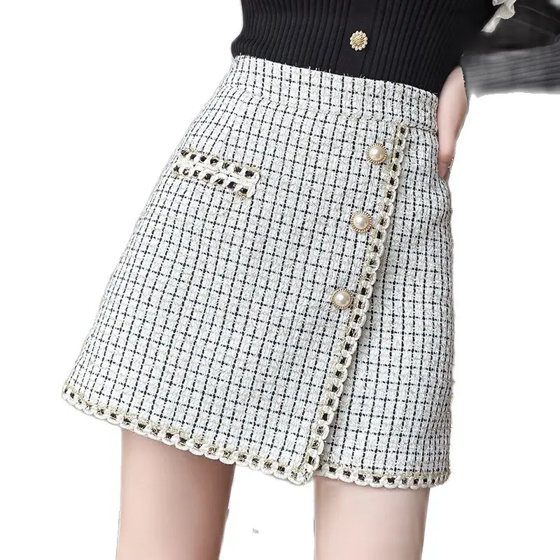 

JXMYY 2021 Осень-Зима Новая мода твидовая маленькая дутая простая и универсальная клетчатая юбка женская короткая трапециевидная юбка