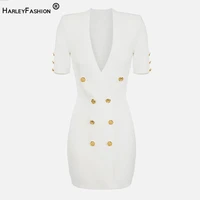 harleyfashion new unique designer european celebrity sexy v neck short sleeve double breasted buttons white straight knit dress