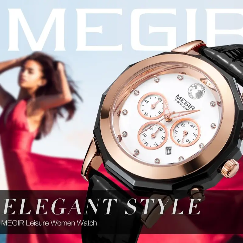 

MEGIR Brand 2042 Diamond Women Watch Fashion Elegant Waterproof Leather Chronograph Watches Quartz Ladies Wristwatch Rejol Mujer