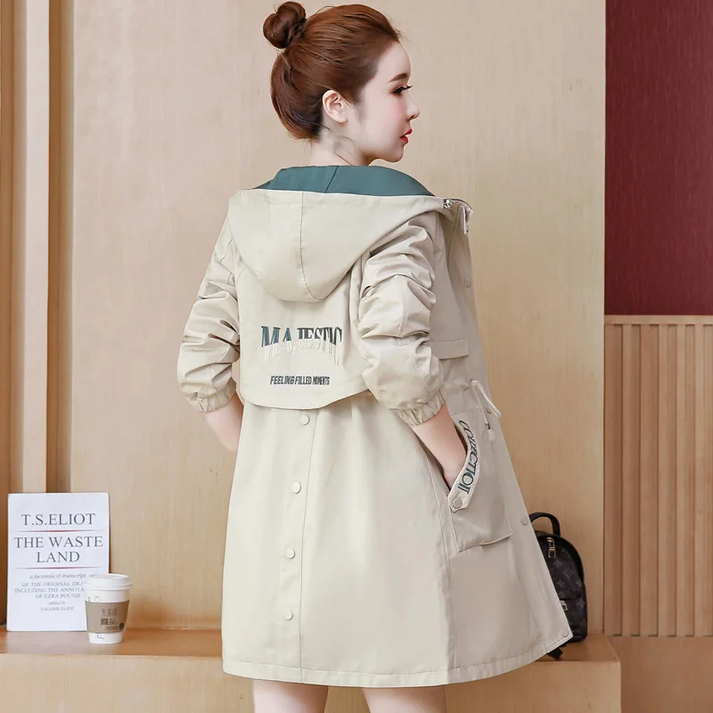 

2020 New Spring Hooded Trench Coat Women Drawstring Slim Mid-long Female Windbreaker Embroidery Button Loose Casual Outwear Coat