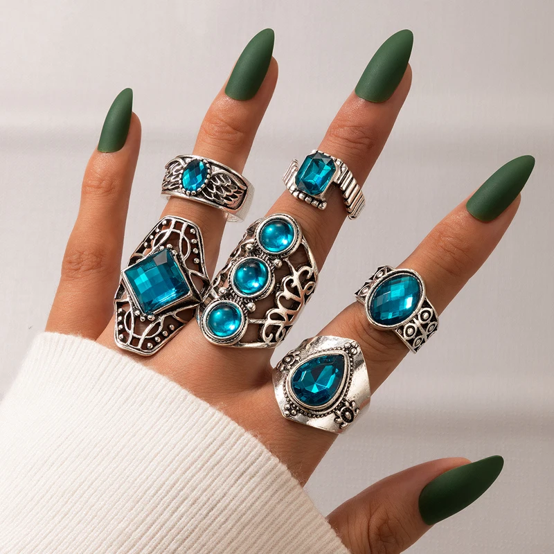 

Docona Vintage Drop Shape Ring Set for Women New Geometry Blue Rhinestone Alloy Knuckle Ring Lady Wedding Jewelry Gifts 20677