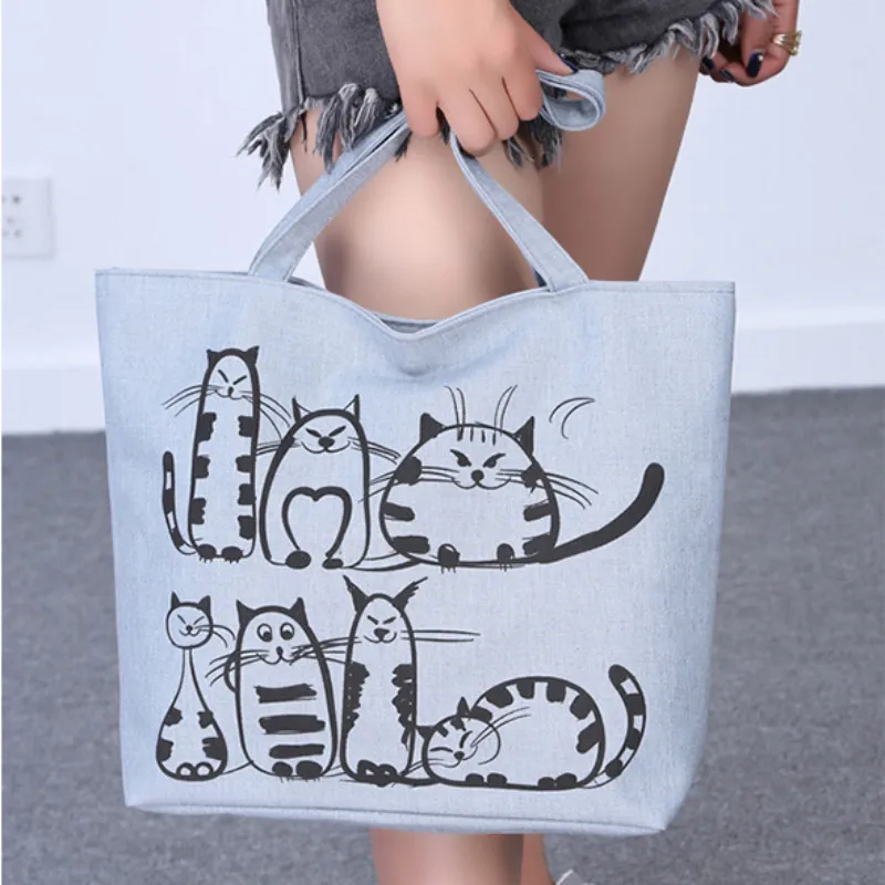 Новая Холщовая Сумка ручной работы с мультяшным котом женская сумка большой