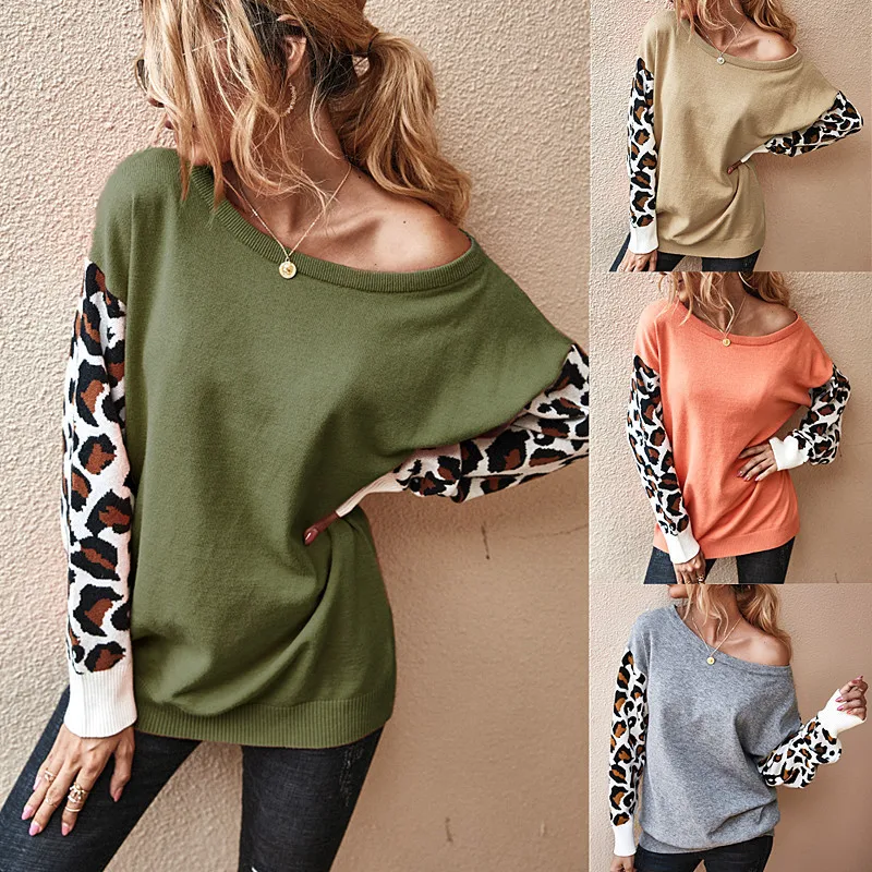 

Women's Autumn Fashion Round Neck Batwing Long Sleeve Leopard Patchwork Knitted Sweater Office Lady Oversized Casual Loose Tops