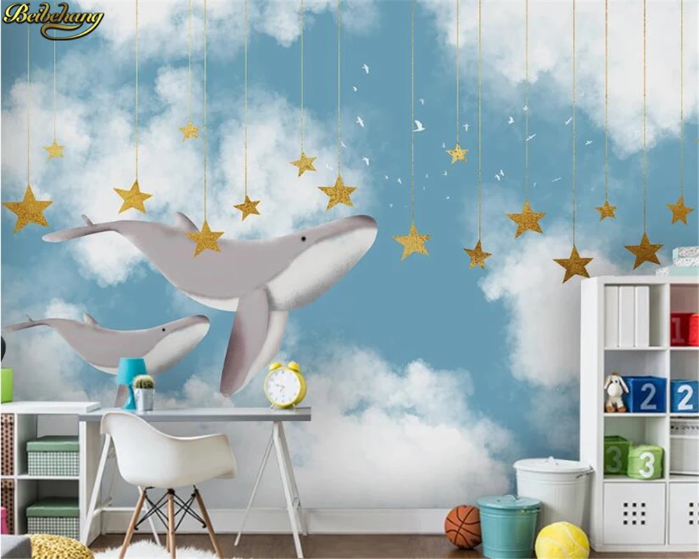 

Пользовательские 3d обои росписи ручная роспись небо белое облако КИТ Звезда Детская комната фон обои papel де parede