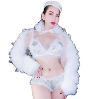 sparkly rhinestones ruffles decorated women bra shorts white mesh coat nightclub singer dancer performance stage wear