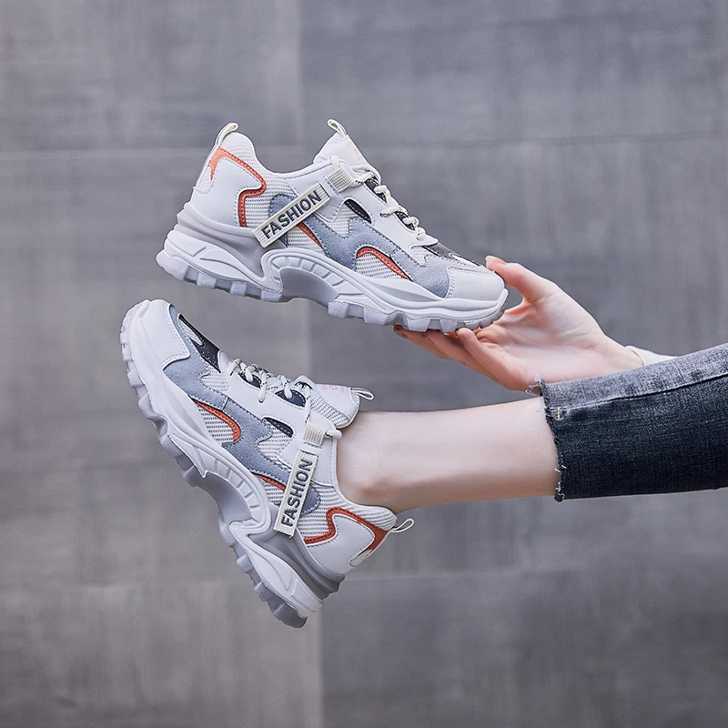 

2021 New Chunky Sneakers Women Mesh Leather Mesh Retro Casual Shoes Platform Lace-Up Trainers Footwear All-Matched for Ladies