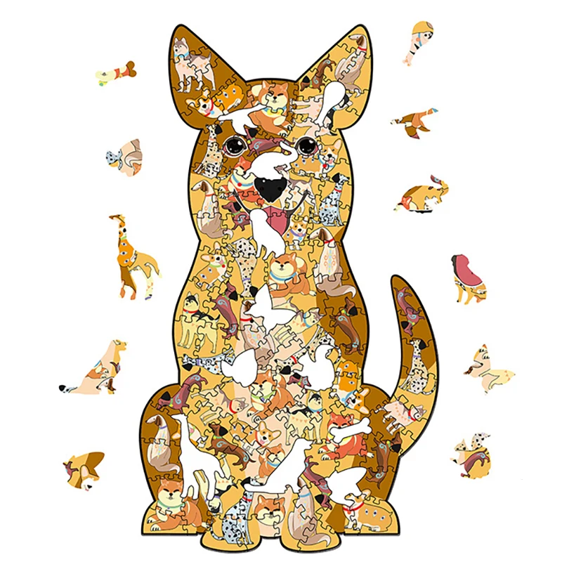 

New Gold Dog Wooden Puzzle Trend Design Jigsaw Irregular Animal Artifact Toy Child Gift Box Colorful Piece 100 LMS 3 Size 450g