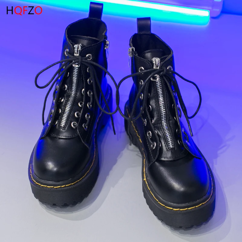 

HQFZO Women Ankle Boots Autumn Women Shoes Thick Bottom Platform Zip Lace Up Botas Motorcycle Boots Female Shoes Mujer 2020