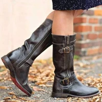 fashion women black wide leg high tube boots side zipper round head belt buckle boots leisure personality hot sale kn267