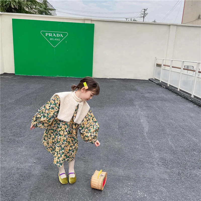 

HAYANA 2022 Spring New Kids Clothes Girls Dress Pastoral Flower Skirt Shawl Detachable Lamb Hair Dress