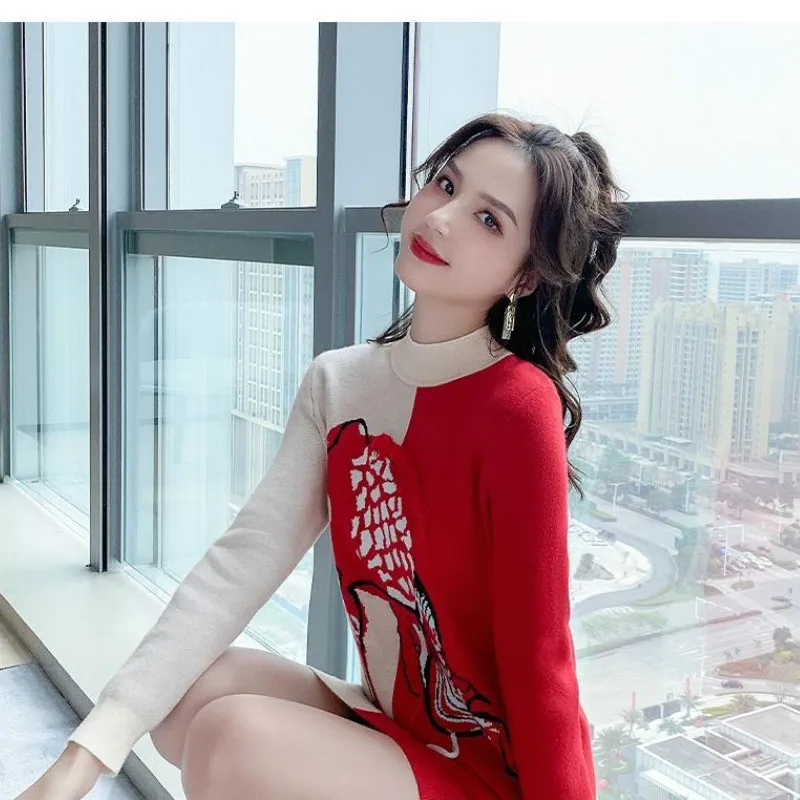 

Dress Women's Autumn and Winter New Knitted Skirt Skirt Red with Coat Inside The Base Christmas Sweater Winter