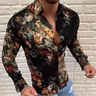 Новый стиль мужские повседневные рубашки с длинным рукавом Мода цветок 3D с отложным воротником и рисунком в виде воротник Slim Fit Готический вечерние однобортная рубашка