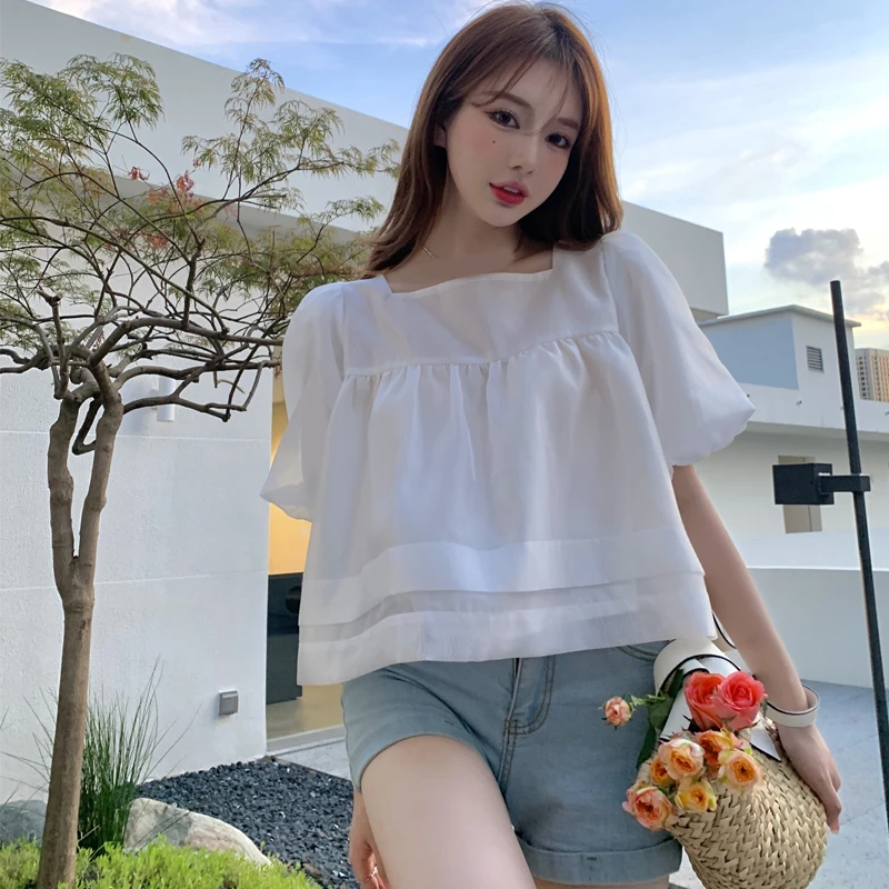 

Ladies Office Top Women Summer 2021 New French Style Square Collar Short Sleeve Shirt A223