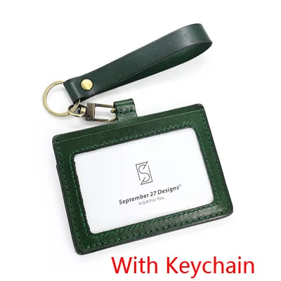 Green-Keychain Ремешок для ID бейджа, чехол из чистой натуральной кожи, держатель для кредитных/автобусных карт, аксессуары, брелок, топ из воловьей кожи, кошелек для монет и ID - Цвет: Green-Keychain