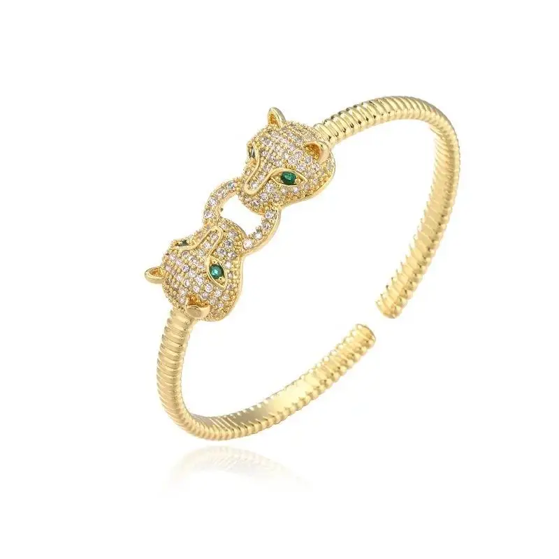 

Open Adjusted Women Bangle Bracelet Gold Color Micro Pave CZ Lovely Animal Jaguar Leopard Head Fashion Jewelry
