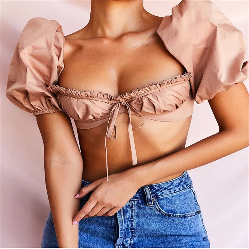 

Ladies's Summer Sexy Puff Sleeve Top, Fashionable Wood Ear Lace Short Top, Solid Color High Waist Blouse