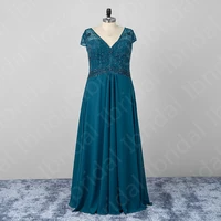 hot sale charming teal blue beading mother of the bride dresses cap sleeves v neckline wedding party gowns back out full length