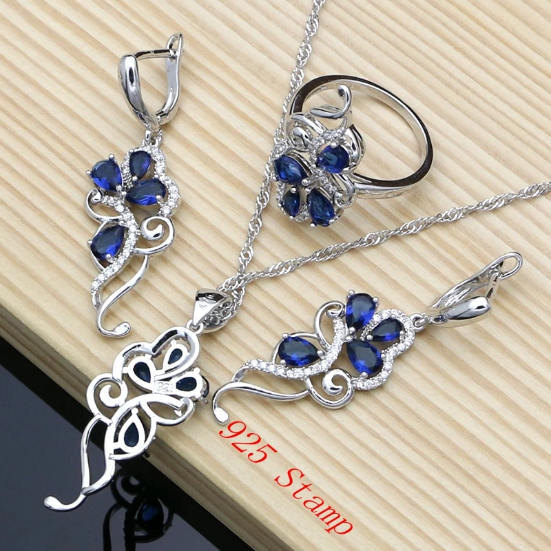 Silver 925 Bridal Jewelry Set Blue Sapphire White Crystal Costume for Women Stones Leaves Twig Earrings Ring Necklace Set images - 6