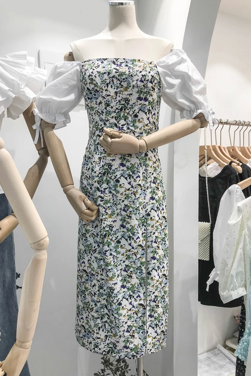 

Elegant Fashion Women Slash Neck Off-Shoulder Short Bubble Sleeve Split Dress Slimming Floral Print Chiffon Long Dress