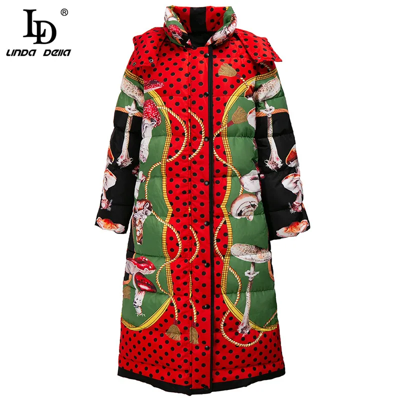 

LD LINDA DELLA модное дизайнерское зимнее пальто высокого качества с белым утиным пухом, женское длинное винтажное пальто в горошек с высоким вор...