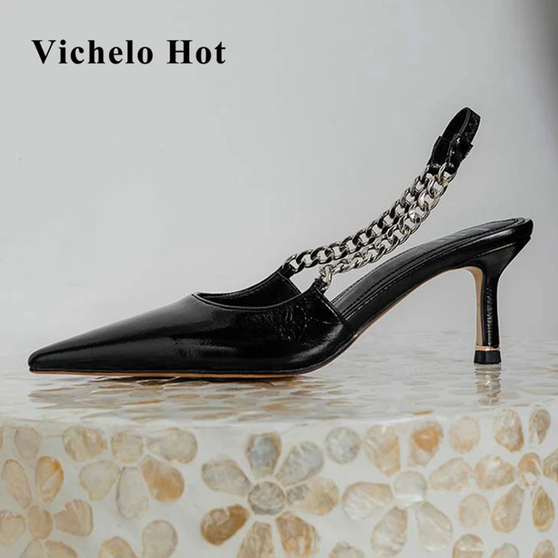 

Vichelo Hot superstar big size cow leather elegant chain high heels back strap summer shoes brand runway party women sandals L13